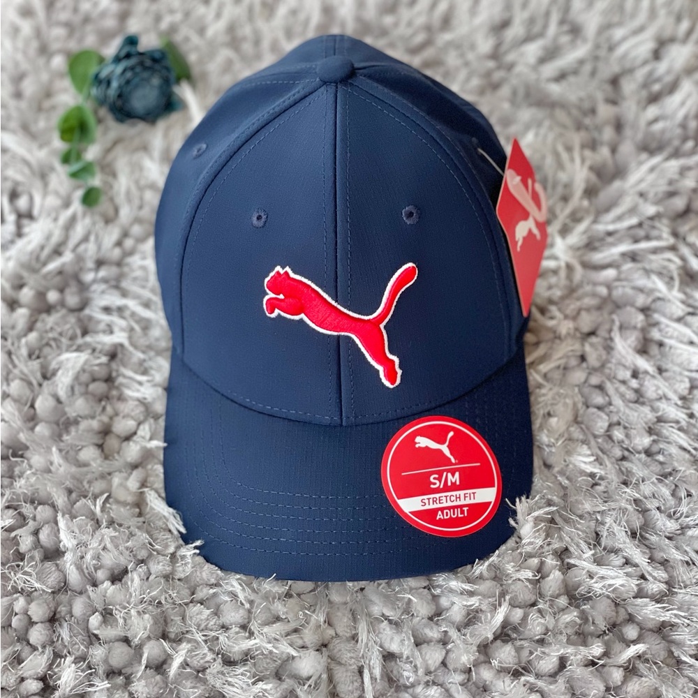 New with tags PUMA HAT Blue with logo in Red & logo on back. Hat is fitted S/M